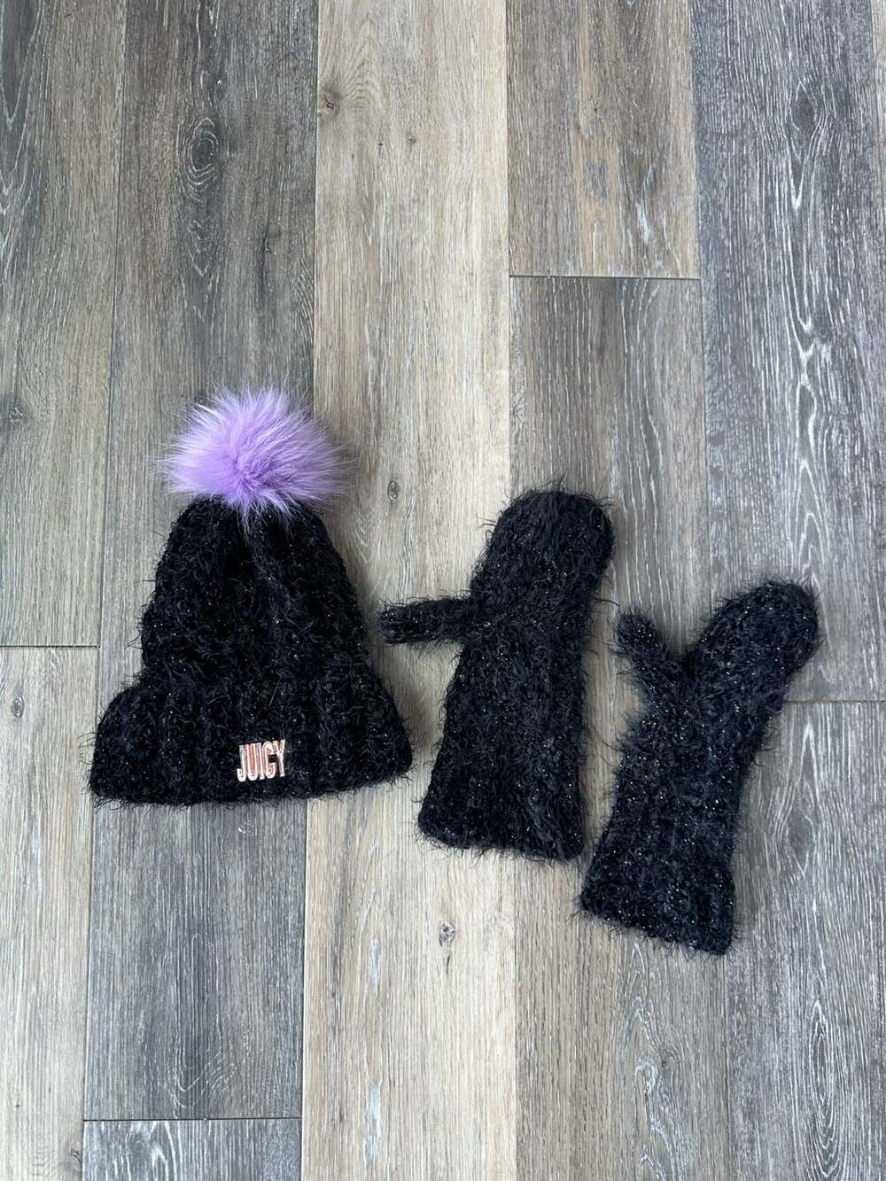 Juicy Couture Black Glitter Fuzzy Beanie Hat with Purple Pom and Matching Mitten